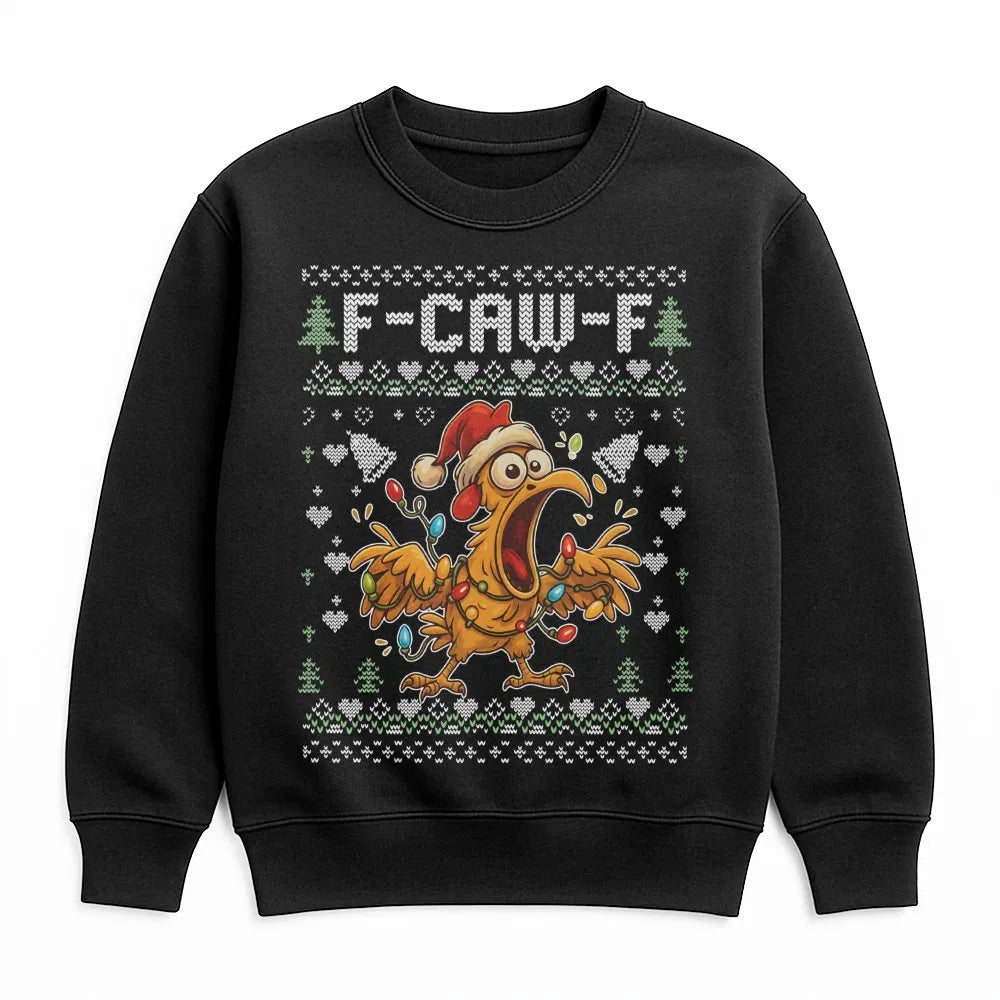 Humorous Rooster Chicken Holiday Sweater, F-Caw-F Ugly Christmas Sweatshirt, Sarcastic Poultry Farmer Xmas Pullover, Joke Pre