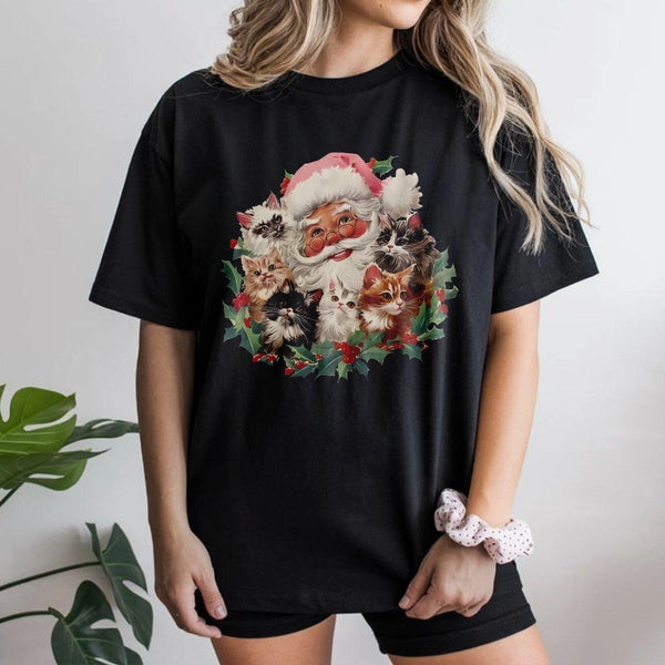 Retro Adorable Festive Cat Lover Graphic Tee, Santa and Kittens Christmas T-Shirt, Whimsical Holiday Cat Mom Shirt, Vintage X
