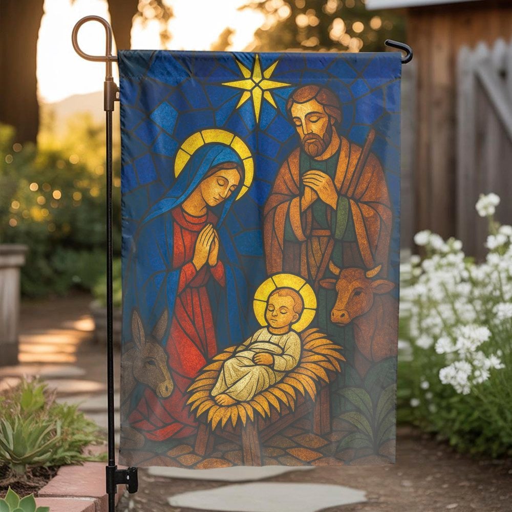 Holy Family Christmas Garden Flag, Stained Glass Nativity Garden Flag, Religious Holiday Yard Flag, Christian Outdoor Flag, X