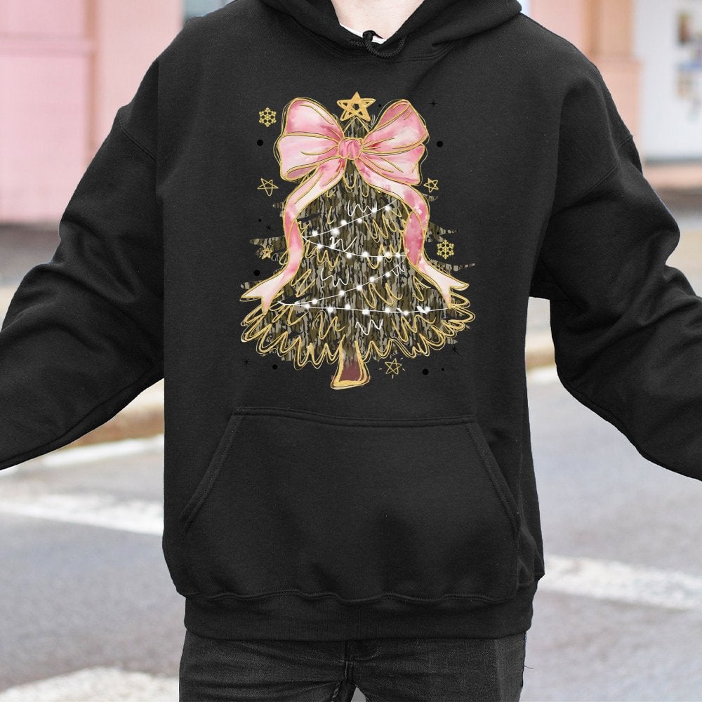 Pink Ribbon Hunting Sweatshirt, Camo Christmas Tree Coquette Bow Hoodie, Trendy Xmas Tree Pullover, Adorable Holiday Country 