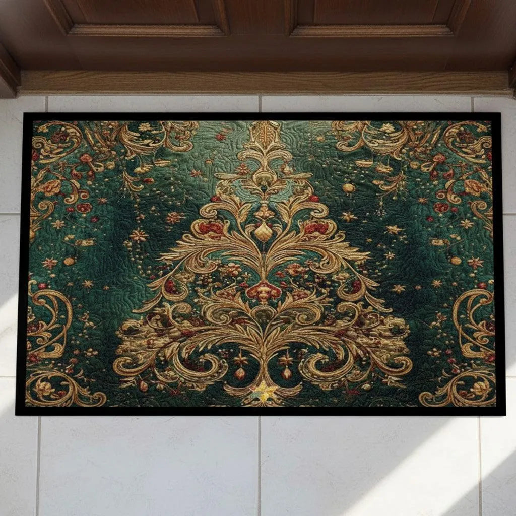 Ornate Scrollwork Tree Welcome Mat, Baroque Gold Tree Christmas Doormat, Elegant Holiday Door Mat, Vintage Winter Porch Entry