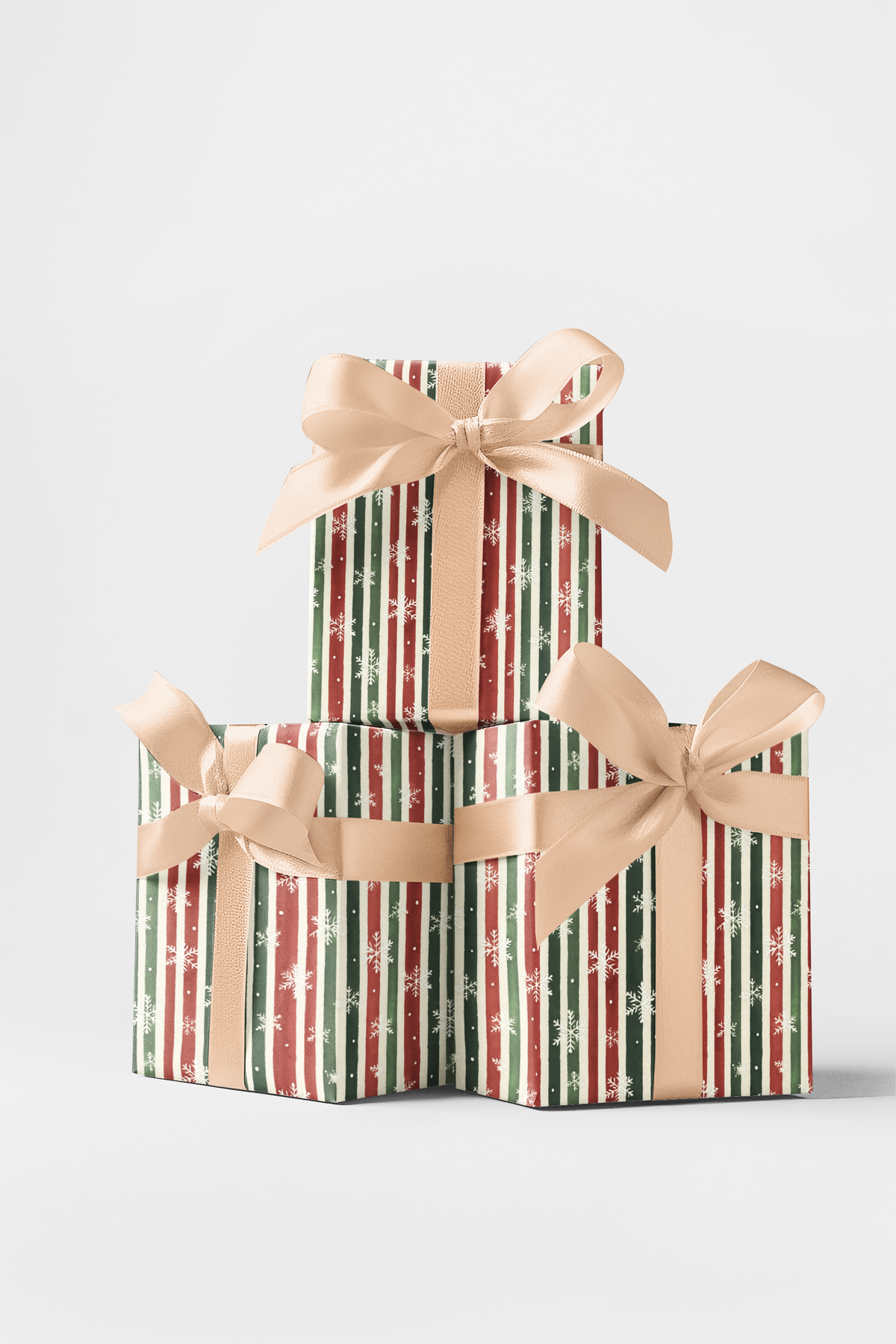 Watercolor Snowflake Gift Wrap, Frosted Holiday Stripes Wrapping Paper, Red Green Winter Present Paper, Cheerful Christmas Pa