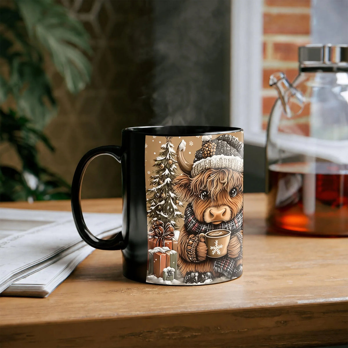 Festive Winter Coffee Mug, Highland Cow Christmas Mug, Highland Cow Holiday Ceramic Mug, Adorable Cow Xmas Coffee Cup, Animal