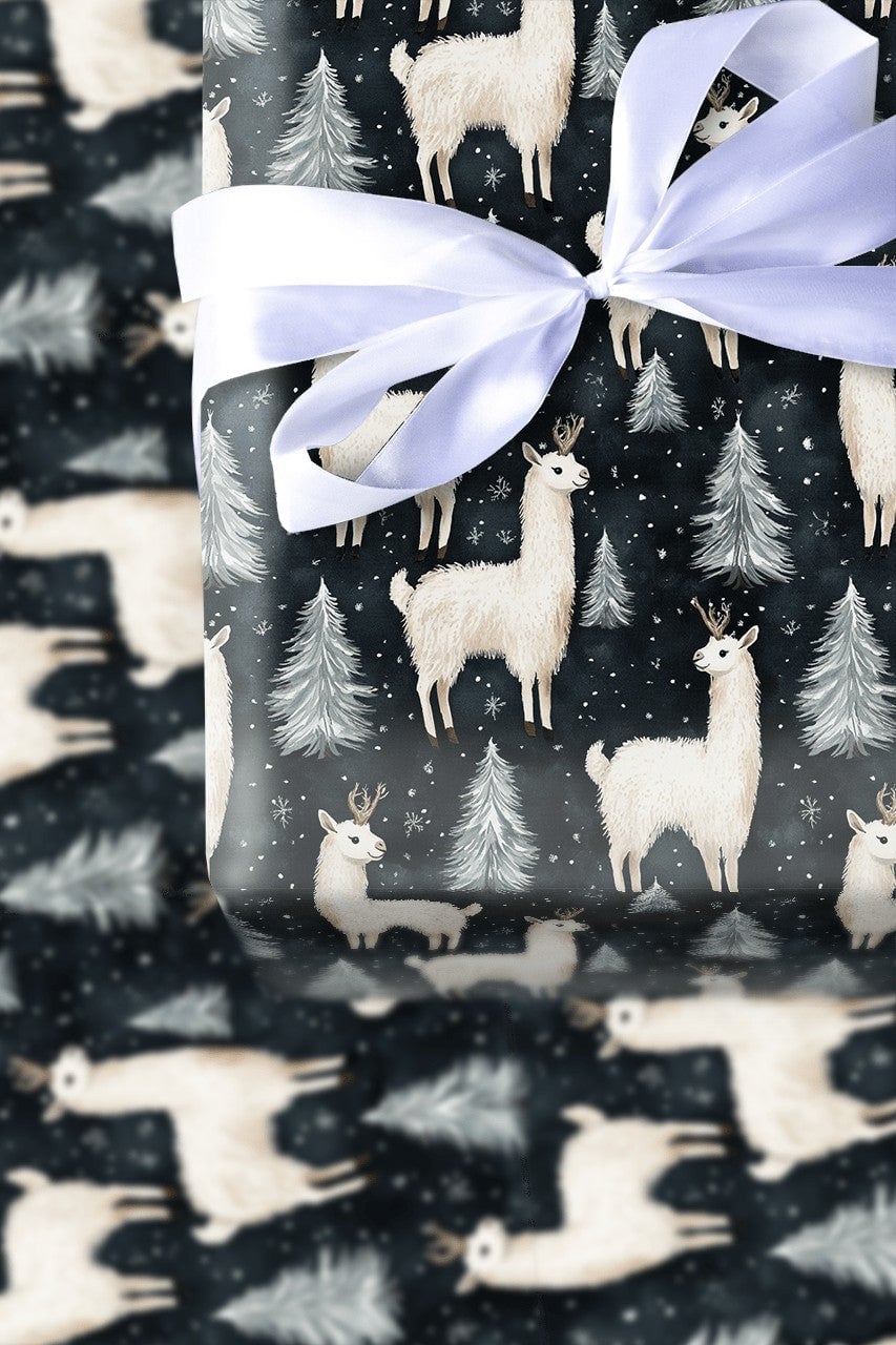 Navy Winter Forest Gift Wrap, Llama Reindeer Wrapping Paper, Snowy Pine Tree Wrapping Paper, Christmas Holiday Paper