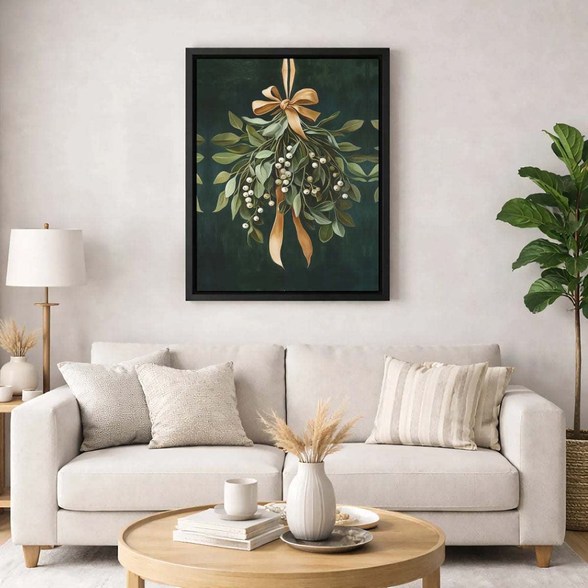 Botanical Christmas Canvas Print, Festive Mistletoe Canvas Wall Art, Holiday Greenery Wall Decor, Winter Gold Bow Canvas, Hol