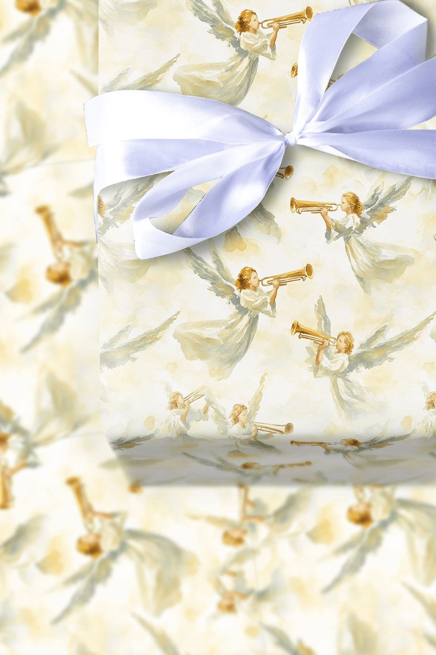 Golden Trumpet Angels Gift Wrap, Watercolor Angel Wrapping Paper, Religious Spiritual Wrapping Paper, Christmas Baptism Prese