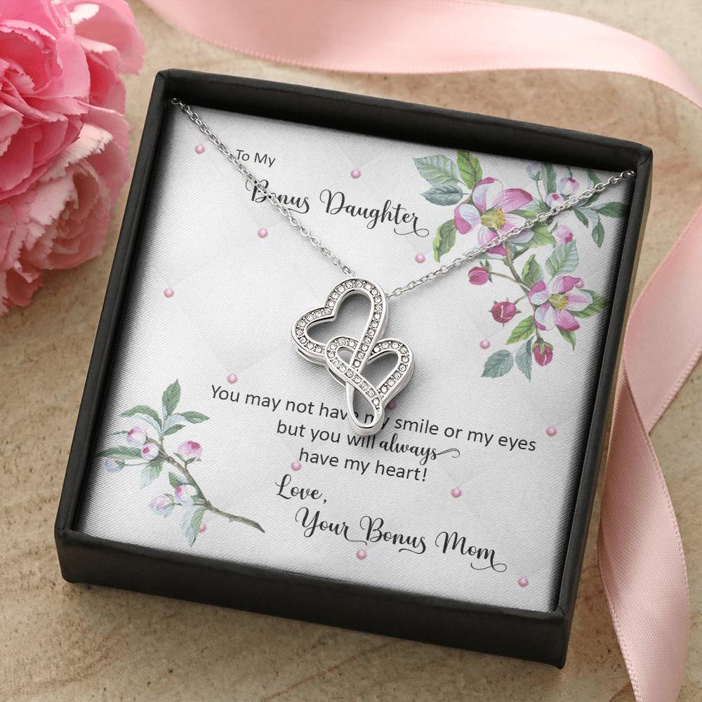 Interlocking Heart Pendant, Double Heart Necklace for Bonus Daughter, 14K White Gold Necklace, Birthday Christmas Present fro
