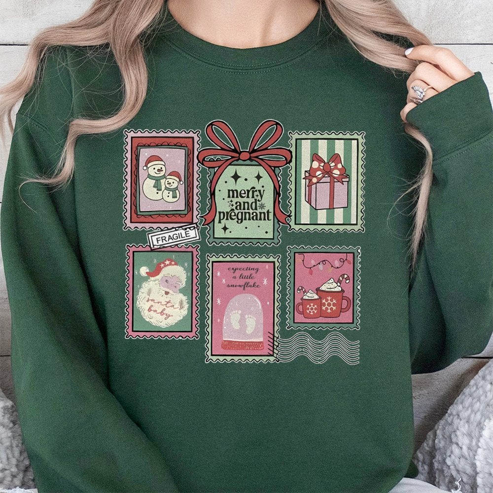 Adorable Postage Stamp Holiday Sweatshirt, Merry and Pregnant Christmas Sweatshirt, Baby Announcement Sweatshirt, Expecting M