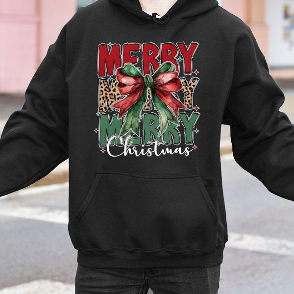 Coquette Leopard Bow Sweatshirt, Merry Christmas Hoodie, Adorable Xmas Holiday Graphic Pullover, Preppy Winter Present for Wo