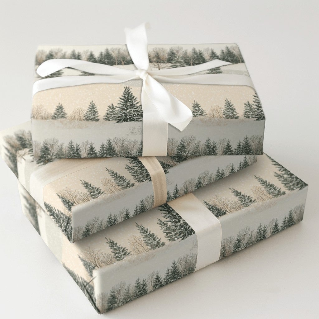 Snowy Pine Tree Gift Wrap, Winter Forest Wrapping Paper, Rustic Holiday Wrapping Paper, Scenic Woodland Gift Wrap, Christmas 