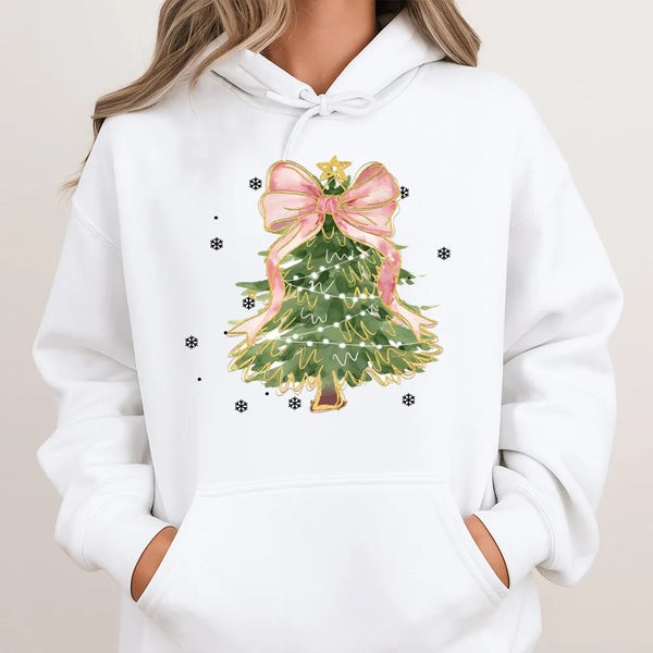 Pink Bow Aesthetic Hoodie, Coquette Christmas Tree Hoodie, Adorable Girly Xmas Tree Hoodie, Pastel Holiday Pullover, Winter P