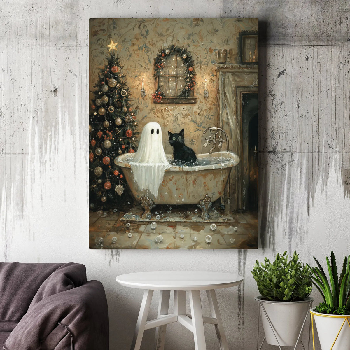 Whimsical Holiday Bath Canvas Print, Ghost and Black Cat Christmas Canvas Wall Art, Spooky Season Cat Canvas, Holiday Wall De
