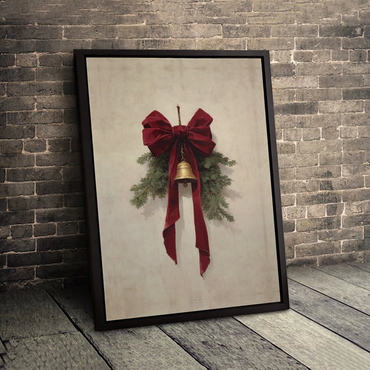 Rustic Red Velvet Bow Canvas Print, Christmas Jingle Bell Wall Art, Pine Branch Holiday Canvas Decor, Winter Farmhouse Season
