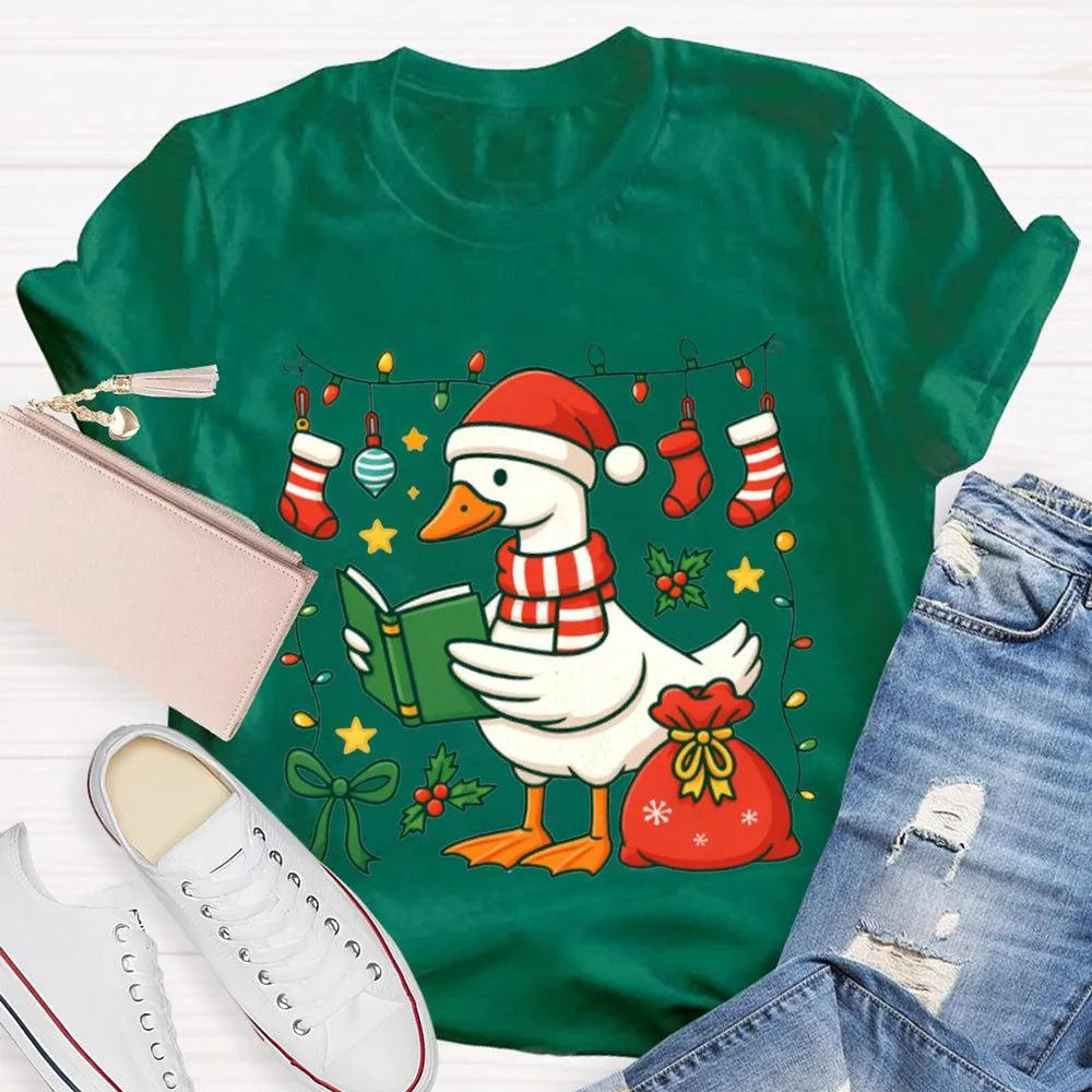 Humorous Holiday Bookworm Goose Shirt, Christmas Goose Reading Book T-Shirt, Adorable Winter Reading Tee, Book Lover Christma