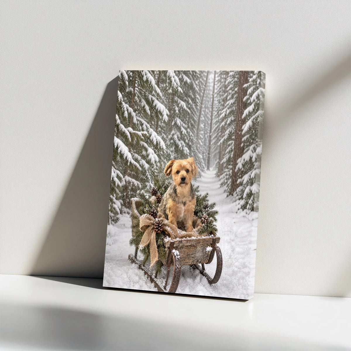 Snowy Forest Dog Wall Art, Winter Terrier Sled Canvas, Christmas Puppy Sleigh Canvas Print, Rustic Holiday Dog Lover Wall Dec