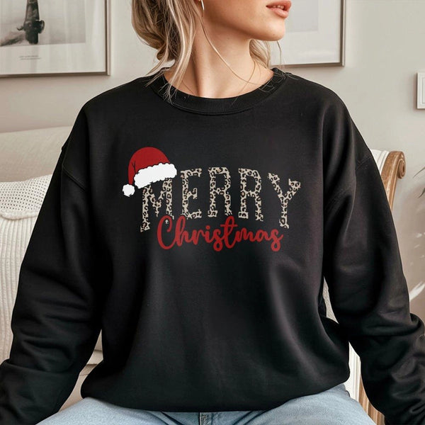 Retro Santa Hat Holiday Crewneck, Merry Christmas Leopard Print Sweatshirt, Comfy Festive Cheetah Pullover, Adorable Womens X