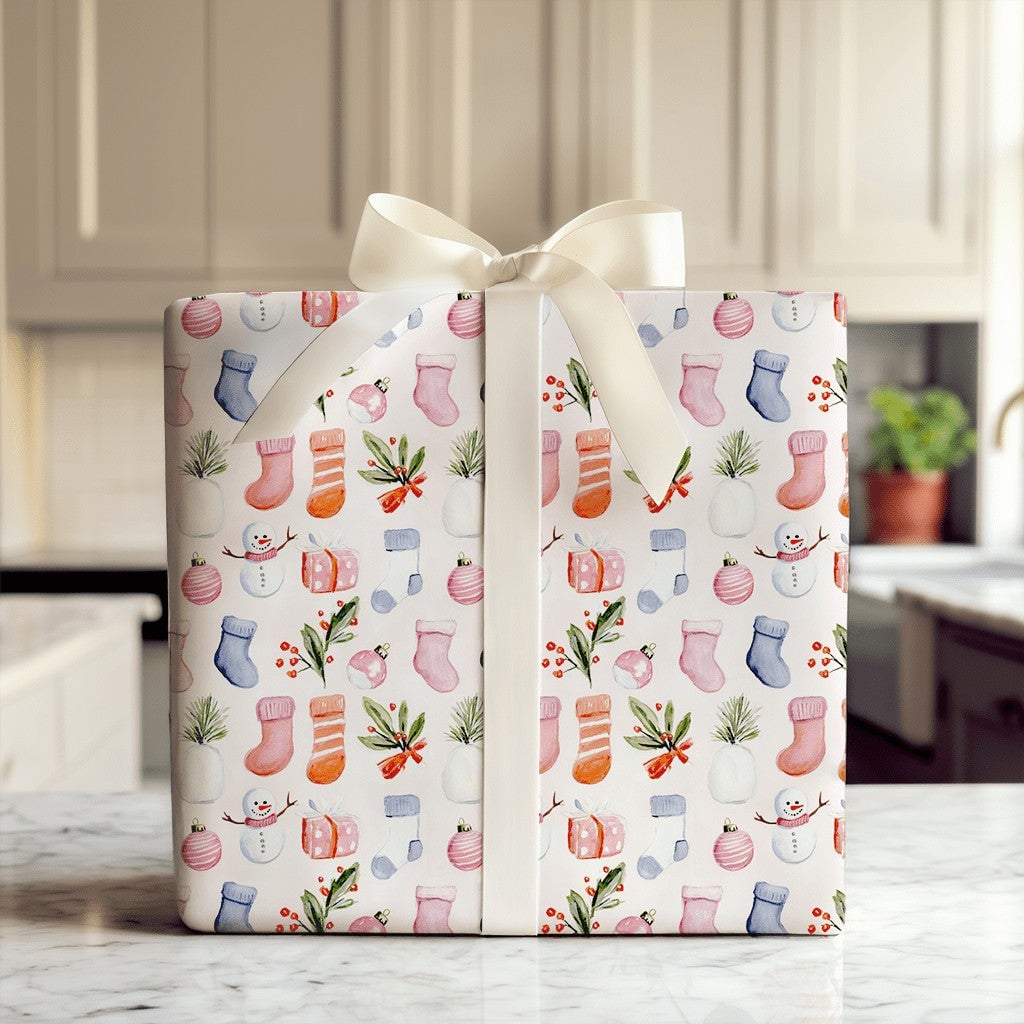 Christmas Icons Wrapping Paper, Watercolor Snowman Stocking Wrapping Paper, Festive Holiday Wrapping Paper Roll, Winter Prese
