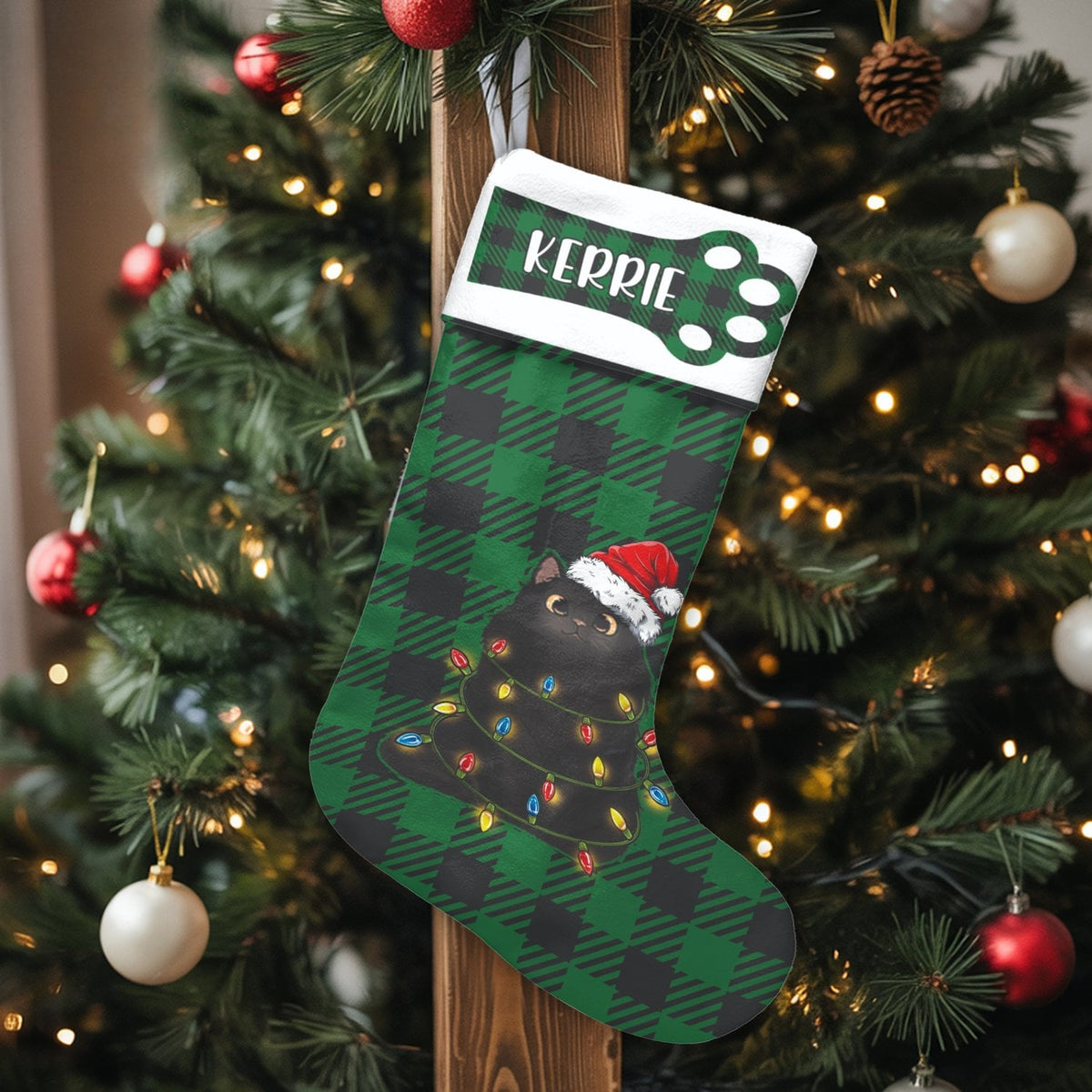 Green Plaid Cat Holiday Stocking, Personalized Black Cat Christmas Stocking, Custom Pet Christmas Stocking, Velboa Kitten Xma