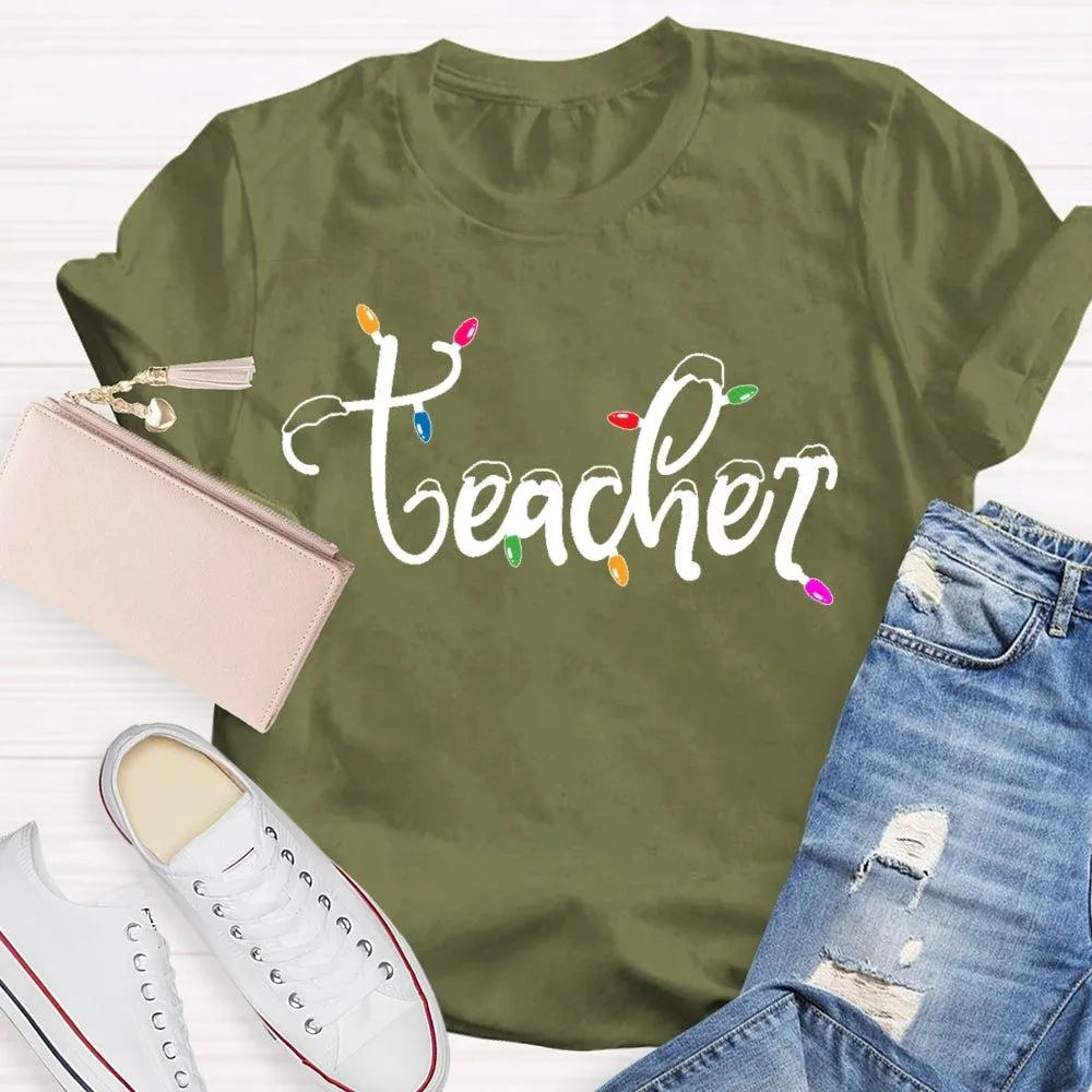 Adorable Holiday Educator Graphic Tee, Christmas Lights Snow Teacher T-Shirt, Festive Winter Teacher Shirt, Merry Christmas P