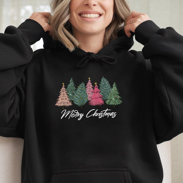 Adorable Pink & Green Forest Sweatshirt, Merry Christmas Tree Hoodie, Festive Holiday Tree Pullover, Comfy Winter Xmas Appare