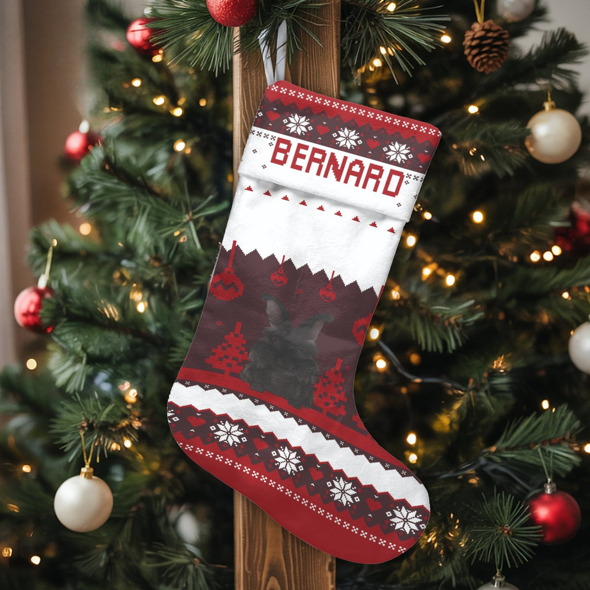 Personalized Bunny Holiday Stocking, Rabbit Christmas Stocking, Custom Name Xmas Stocking, Adorable Pet Christmas Decor, Fami