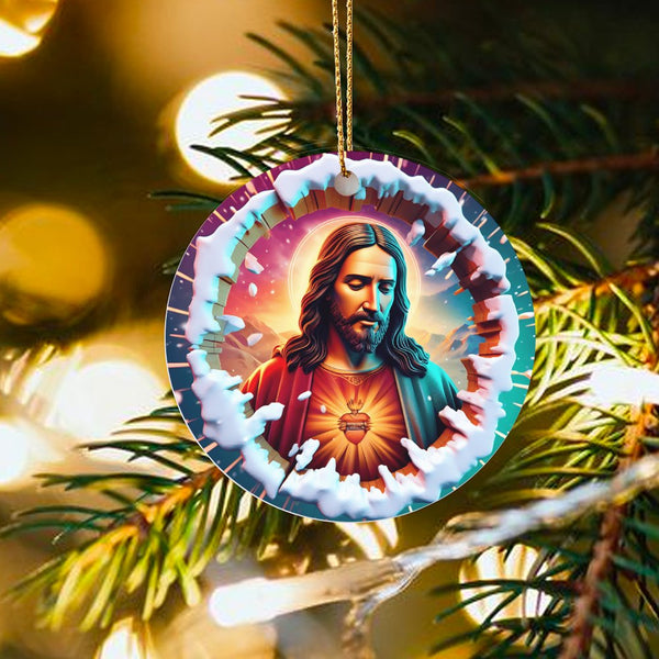 Snowy Border Catholic Christmas Ornament, Sacred Heart of Jesus Ceramic Ornament, Religious Holiday Tree Ornament, Faith Keep