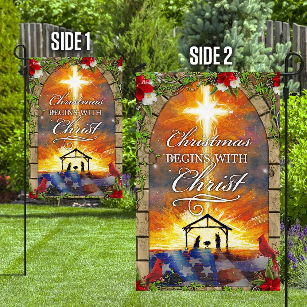 Holy Family Nativity Scene Yard Flag, Christmas Begins with Christ Garden Flag, Double-Sided Christian Christmas Lawn Flag, X