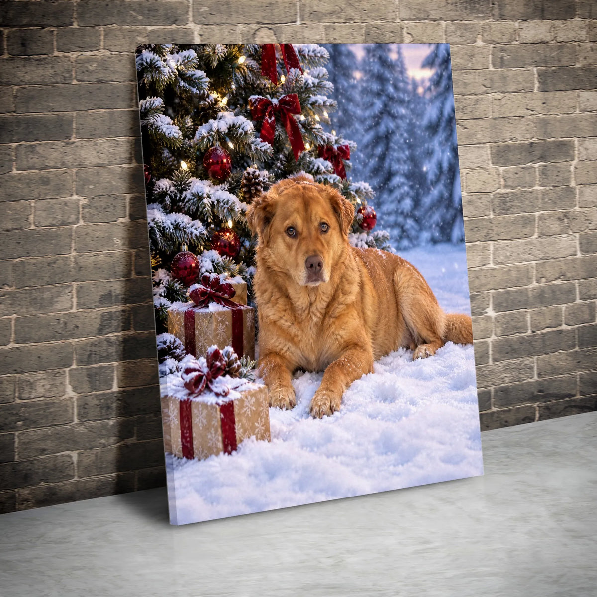 Holiday Dog Wall Art, Golden Retriever Christmas Canvas, Snowy Christmas Tree Dog Print, Festive Pet Lover Canvas Art, Winter