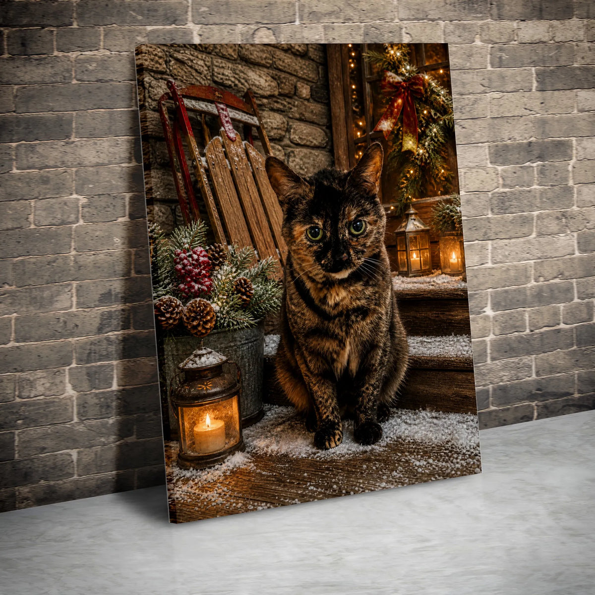 Tortoiseshell Cat Holiday Wall Art, Christmas Cat Canvas Print, Comfy Winter Cat Canvas, Rustic Christmas Porch Wall Decor, C