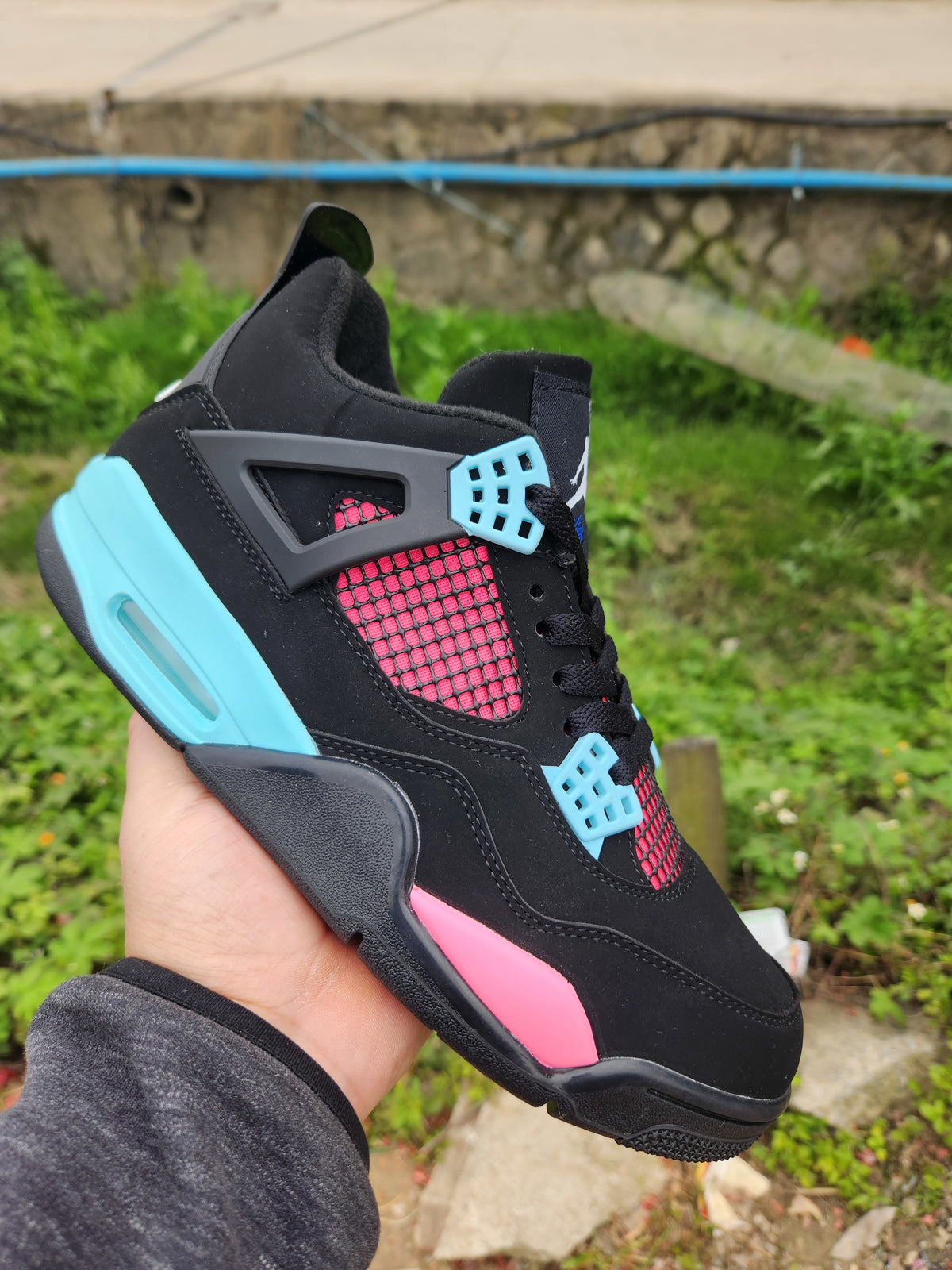 Mid Top Sneakers, Black Pink Blue Colorway, Lace Up Design, Casual Gift for Sneaker Fans