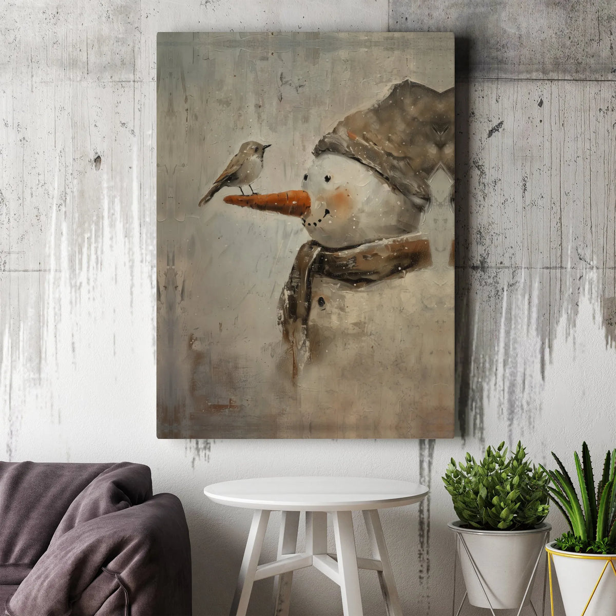 Painterly Winter Bird Carrot Nose Canvas Print, Snowman with Bird Canvas Wall Art, Christmas Holiday Decor, Festive Home Wall