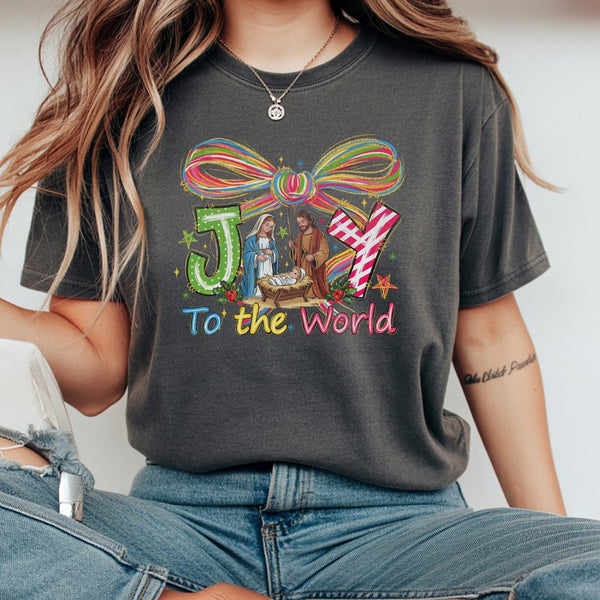 Christian Christmas Scripture Graphic Tee, Joy to the World Nativity T-Shirt, Holy Night Religious Jesus Shirt, Holiday Churc