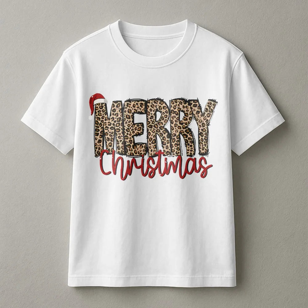 Leopard Print Santa Hat Shirt, Merry Christmas T-Shirt, Adorable Festive Holiday Graphic Tee, Womens Xmas Outfit, Trendy Holi