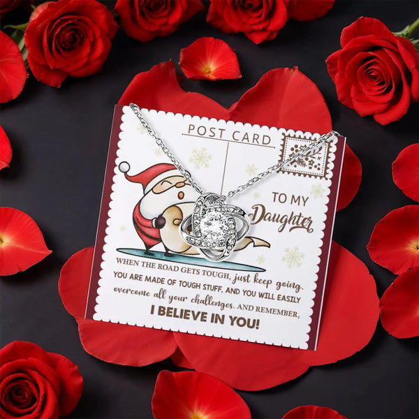 Santa Christmas Message Gift Box, Daughter Love Knot Necklace, CZ Crystal Pendant, Heartfelt Daughter Xmas Keepsake Jewelry P