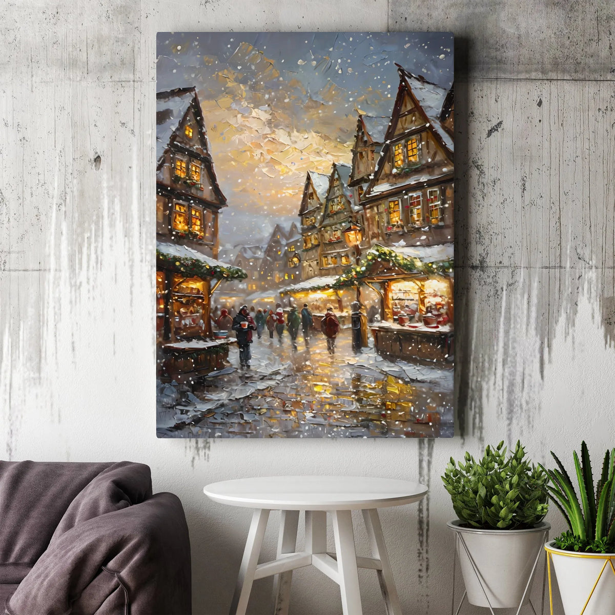 Snowy European Old Town Canvas Art, Christmas Market Canvas Print, Festive Winter Oil Painting Canvas, Comfy Holiday Wall Dec