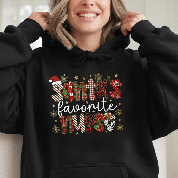 Plaid Christmas Nurse Hoodie, Santa's Favorite Nurse Hoodie, Retro Holiday RN Graphic Sweatshirt, Festive Hospital Pullover
