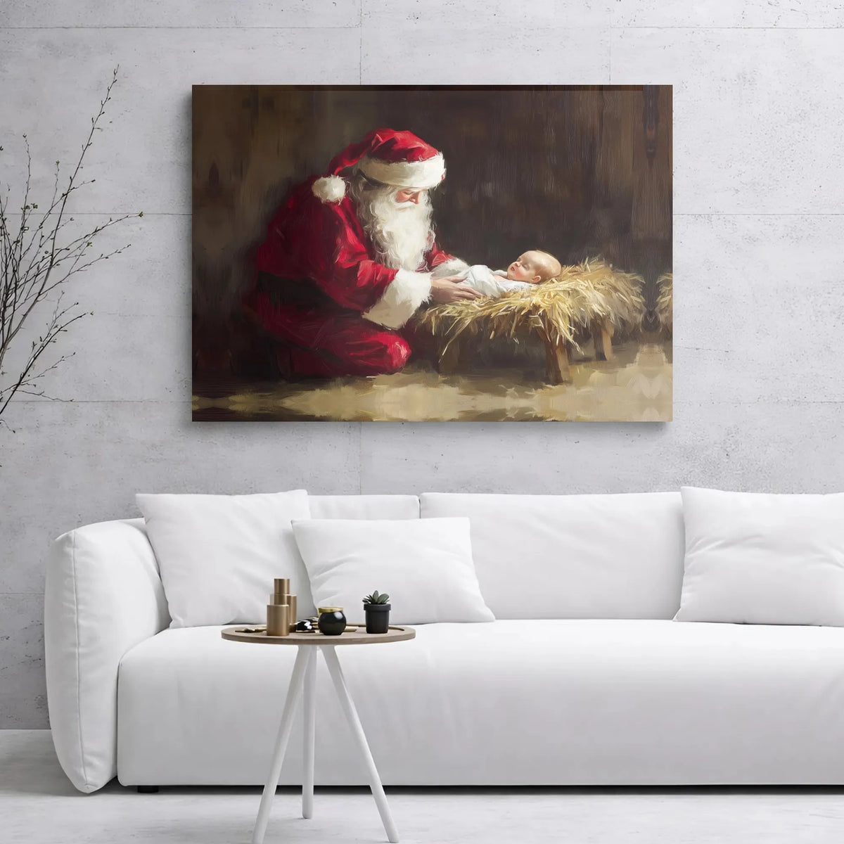 Nativity Canvas Wall Art, Santa Kneeling Before Jesus Canvas, Christian Christmas Canvas Print, Religious Faith Holiday Home 