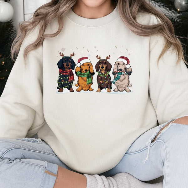 Holiday Wiener Dog Sweater, Dachshund Christmas Sweatshirt, Adorable Retro Animal Aesthetic Pullover, Festive Dog Mom Xmas Cr