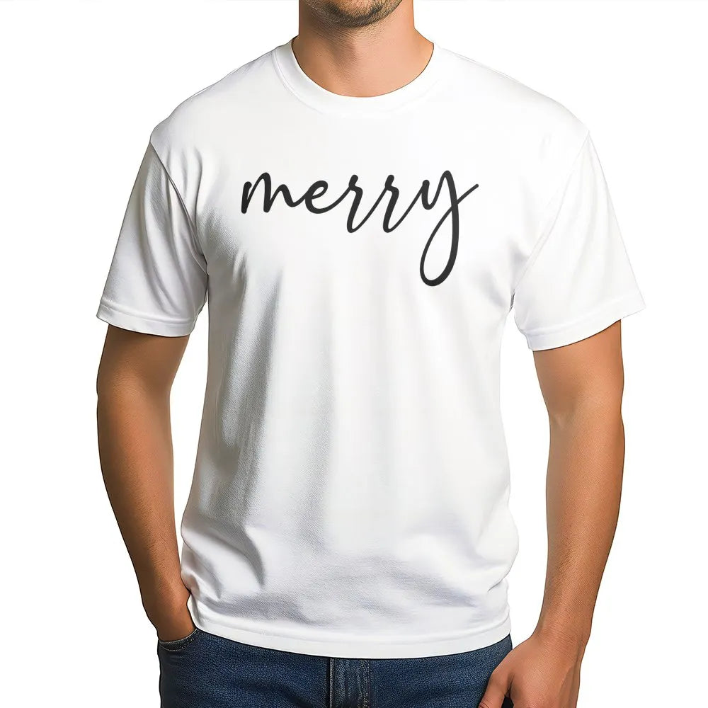 Cursive Script Holiday Typography Tee, Minimalist Merry Christmas T-Shirt, Adorable Simple Christmas Shirt, Winter Festive Ou
