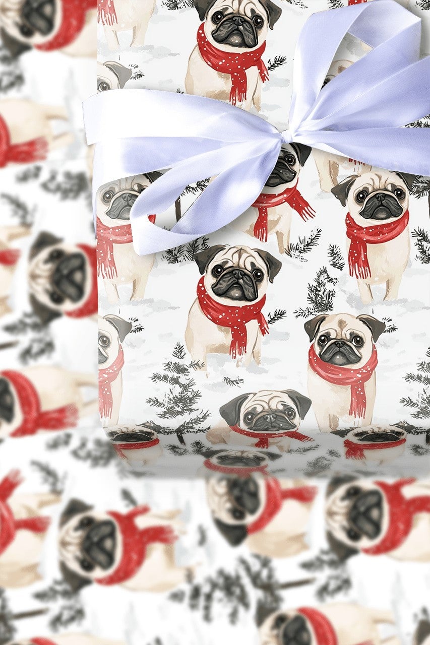 Festive Winter Scarf Pug Gift Wrap, Pug Dog Christmas Wrapping Paper, Holiday Puppy Wrapping Paper, Adorable Dog Lover Christ