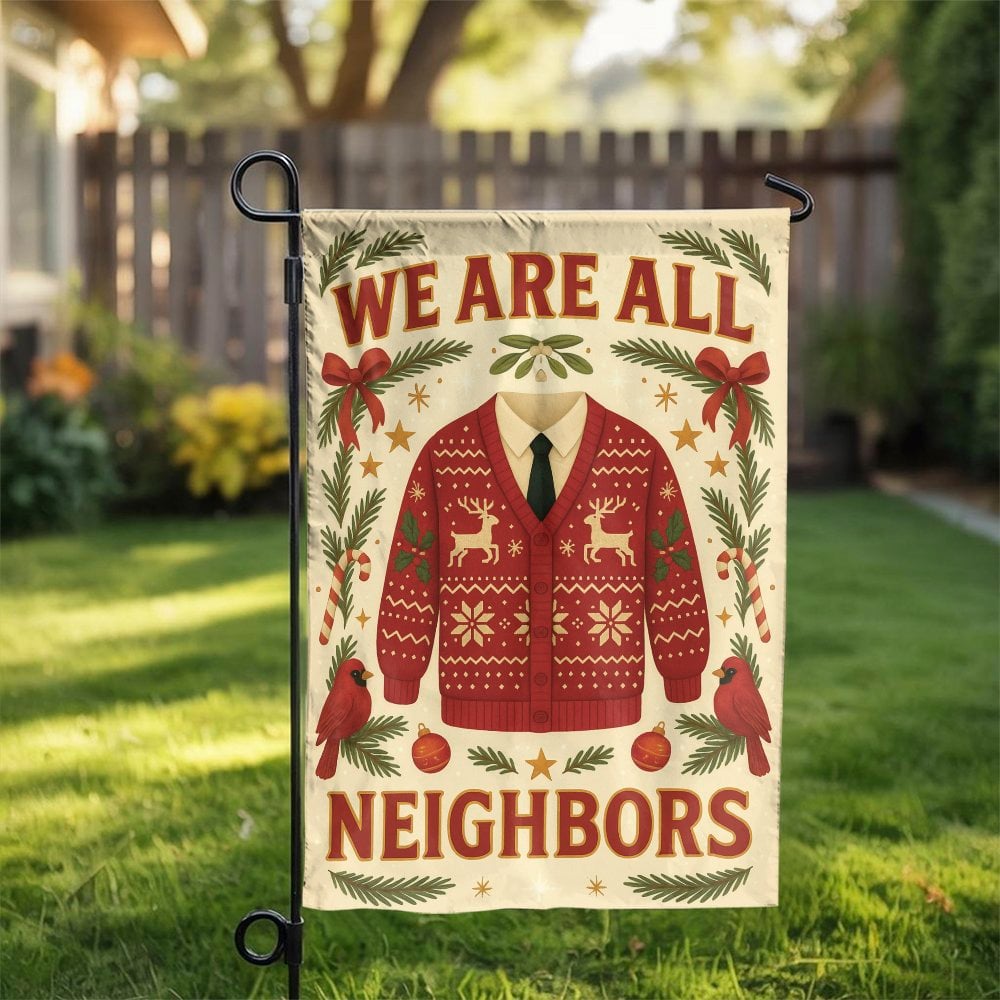 Ugly Christmas Sweater Holiday Flag, We Are All Neighbors Garden Flag, Festive Community Lawn Flag, Winter Yard Decor, Outdoo