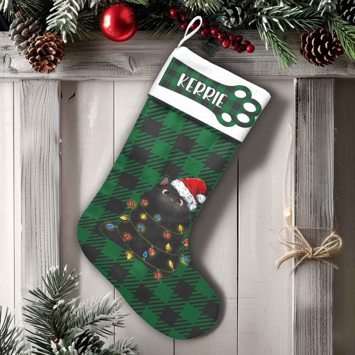 Green Plaid Cat Holiday Stocking, Personalized Black Cat Christmas Stocking, Custom Pet Christmas Stocking, Velboa Kitten Xma