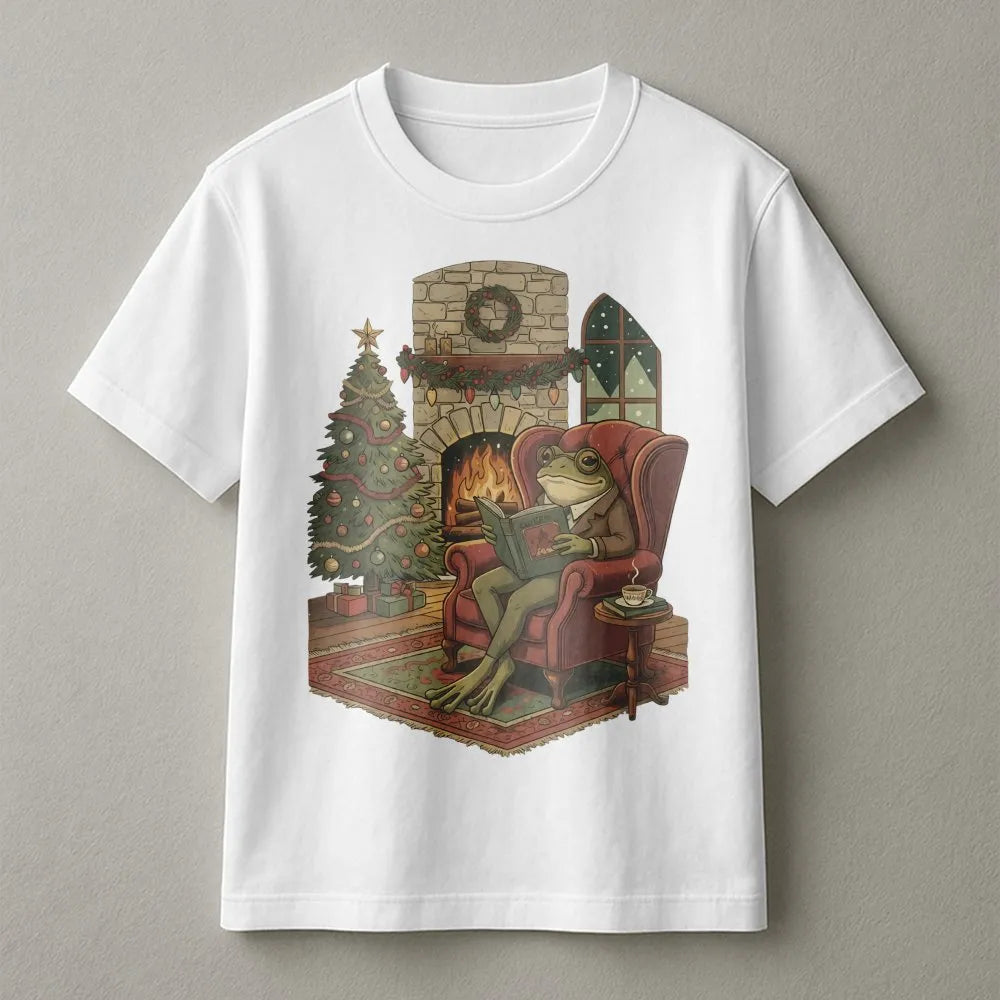 Adorable Toad Bookworm Shirt, Comfy Christmas Frog Reading Book T-Shirt, Book Lover Holiday Graphic Tee, Reader Christmas Gra