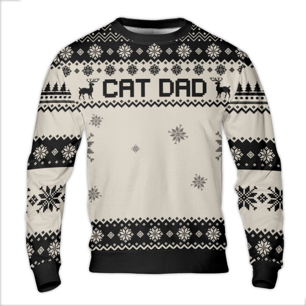 Black and White Reindeer Snowflake Holiday Sweater, Cat Dad Ugly Christmas Sweater, Humorous Pet Lover Crewneck, Xmas Present