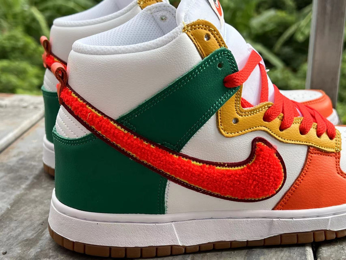 High Top Sneakers, Orange White Green Colorway, Lace Up Design, Casual Gift for Sneaker Fans