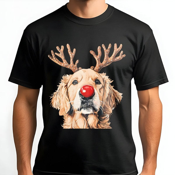 Reindeer Antlers Dog Shirt, Golden Retriever Christmas T-Shirt, Adorable Holiday Pup Graphic Tee, Humorous Animal Lover Xmas 