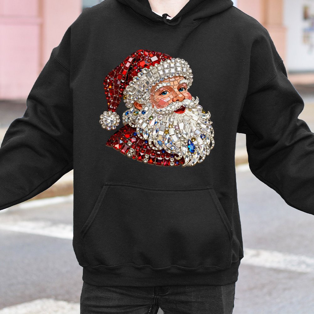 Sparkly Gemstone Christmas Hoodie, Jeweled Santa Hoodie, Retro Santa Graphic Hoodie, Festive Holiday Pullover Sweatshirt, Win
