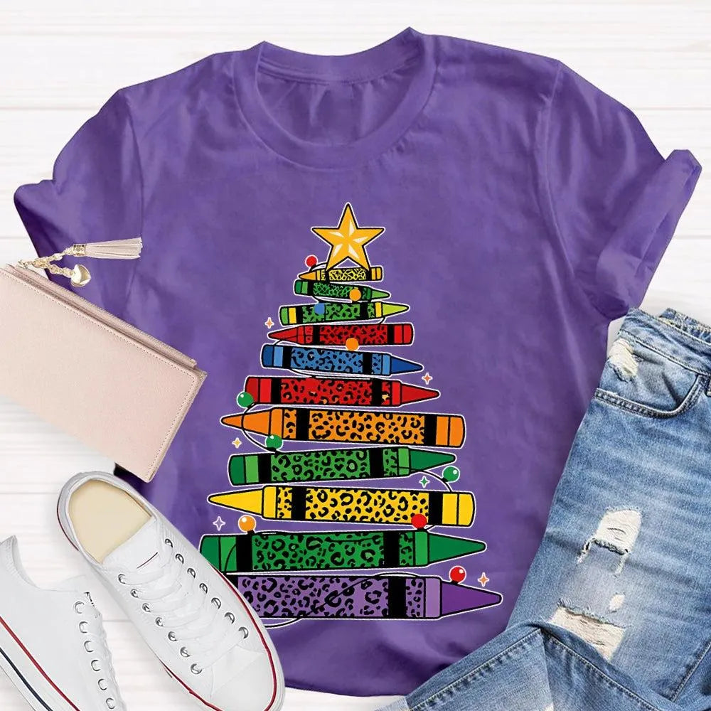 Art Teacher T-Shirt, Colored Pencils Leopard Christmas Tree Shirt, Holiday Graphic Tee, Festive Art Teacher Shirt, Christmas 