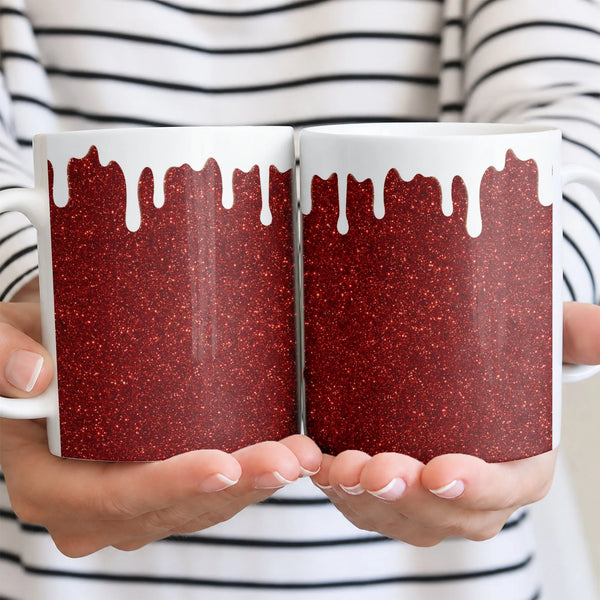 Faux Sparkle White Paint Drips Coffee Mug, Red Glitter Drip Ceramic Mug, Adorable Valentine Tea Cup, Aesthetic Christmas Holi