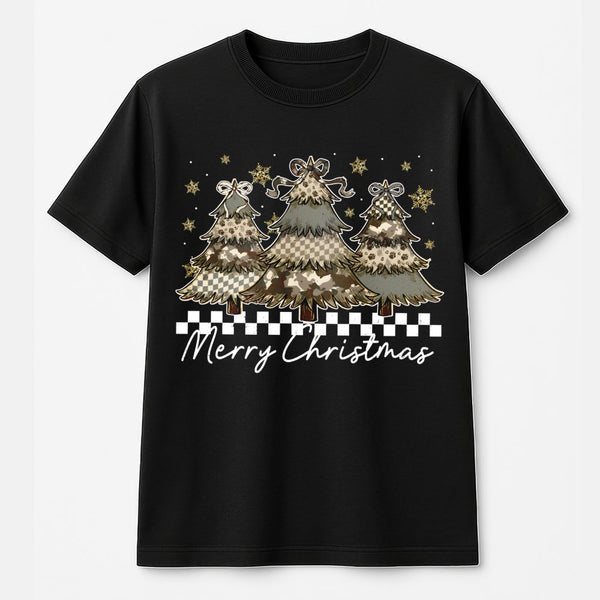 Checkerboard Christmas Shirt, Camo Christmas Tree T-Shirt, Coquette Tree Graphic Tee, Festive Christmas T-Shirt, Holiday Part